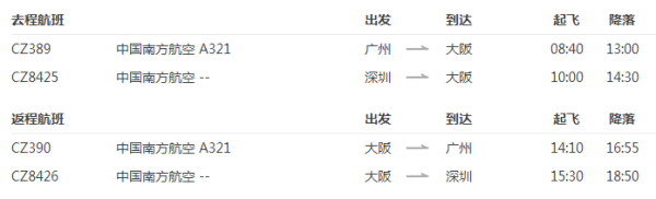 南方航空 广州/深圳直飞日本大阪6天往返含税